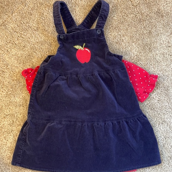Navy Corduroy Apple Pinafore Skirtall with Polka Dot Shirt - Picture 4 of 4